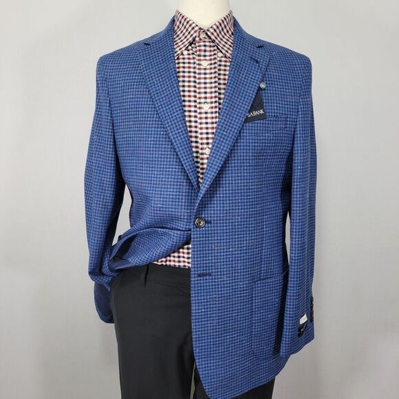 JOS A BANK Men's Sport Coat Blazer Two Button Navy Burgundy Checked Tailored 43R